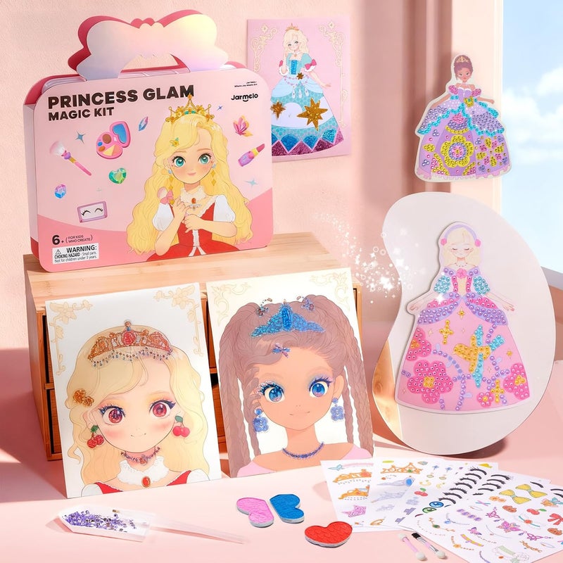 JARMELO 4 in 1 Princess Art Craft Kits, Foil Crafts Art Fun & Gem Painting, Makeup Diamond DIY Activity, Dress Up Sticker Books,Travel Toys, Ideal Toys for Girls Ages 6 7 8+ Years Old - Image 1